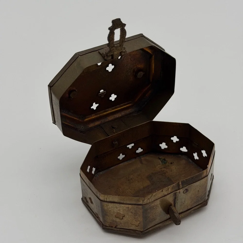 Vintage Brass Octagon Trinket Box Made in India Hinged Latch Star Cutouts Handle